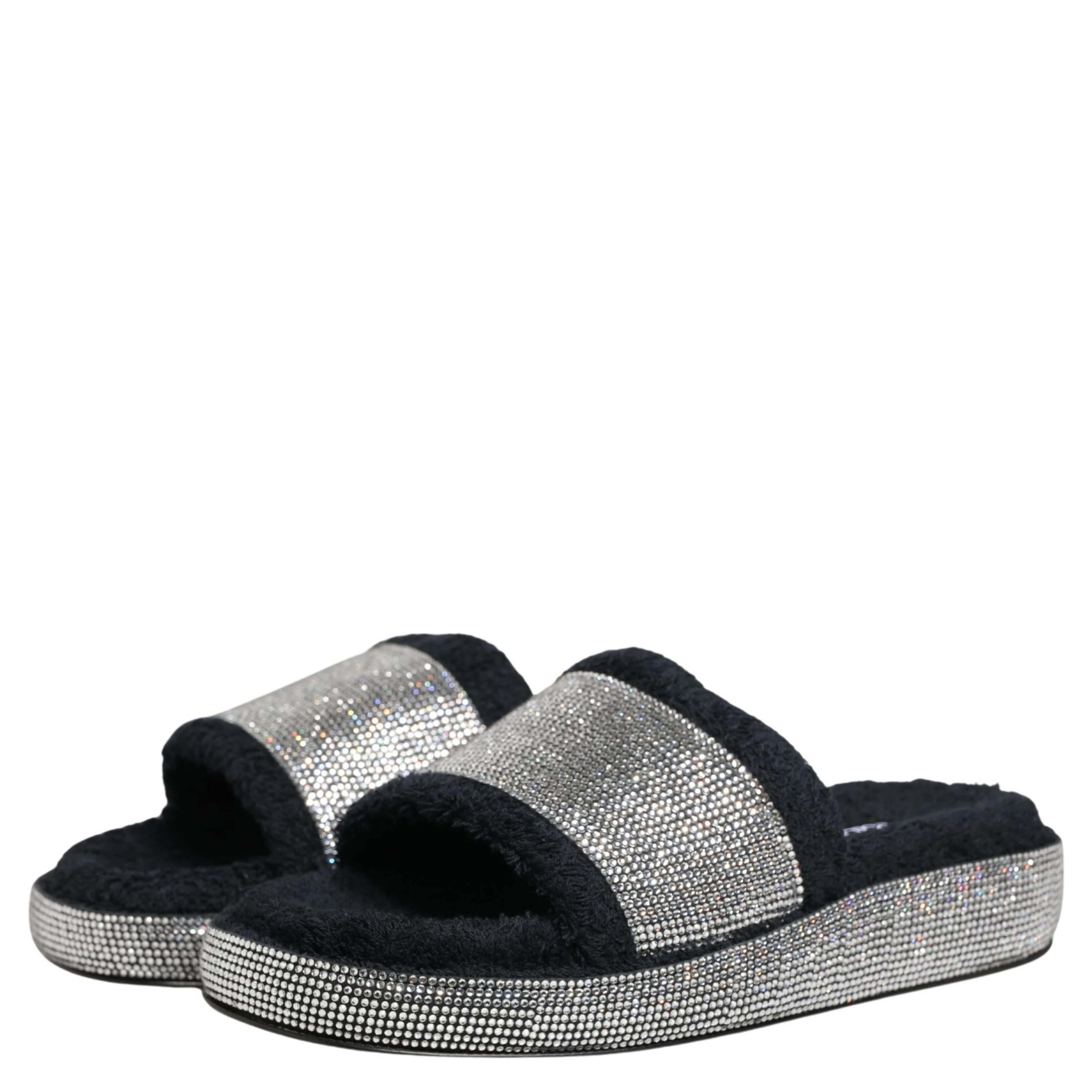 Black Crystal Embellished Platform Slides Shoes