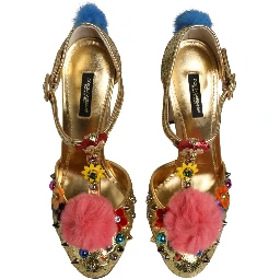 Gold Fur Trim Glitter T-strap Sandals Shoes