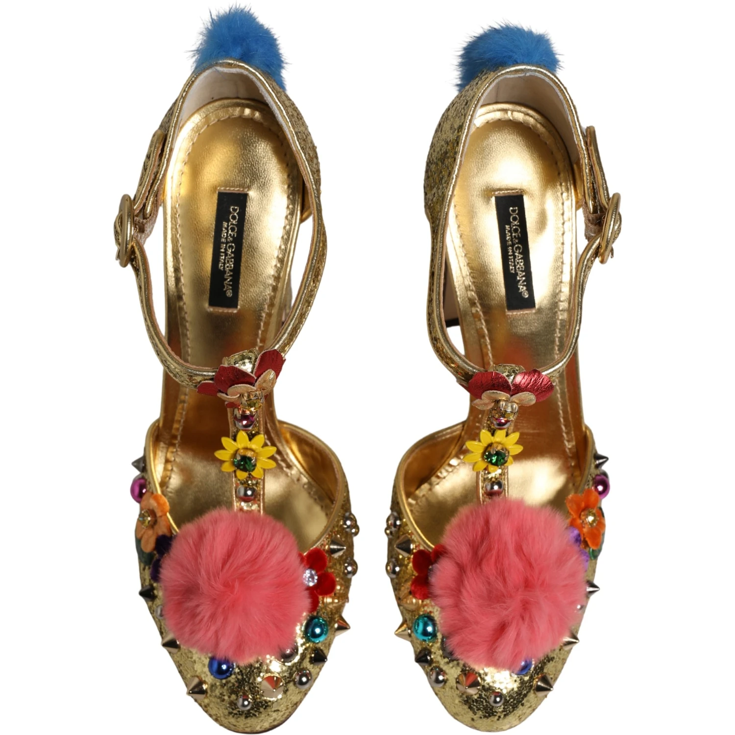 Gold Fur Trim Glitter T-strap Sandals Shoes