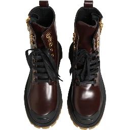 Maroon Leather Lace Up Biker Boots Shoes