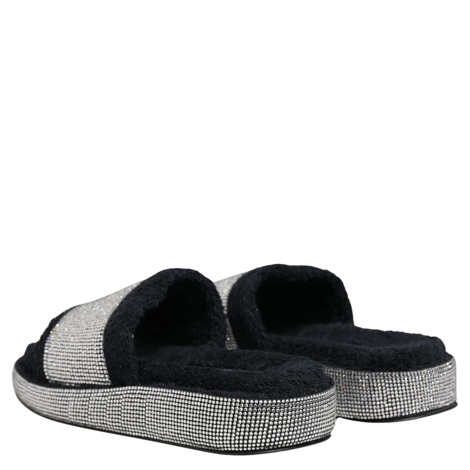 Black Crystal Embellished Platform Slides Shoes
