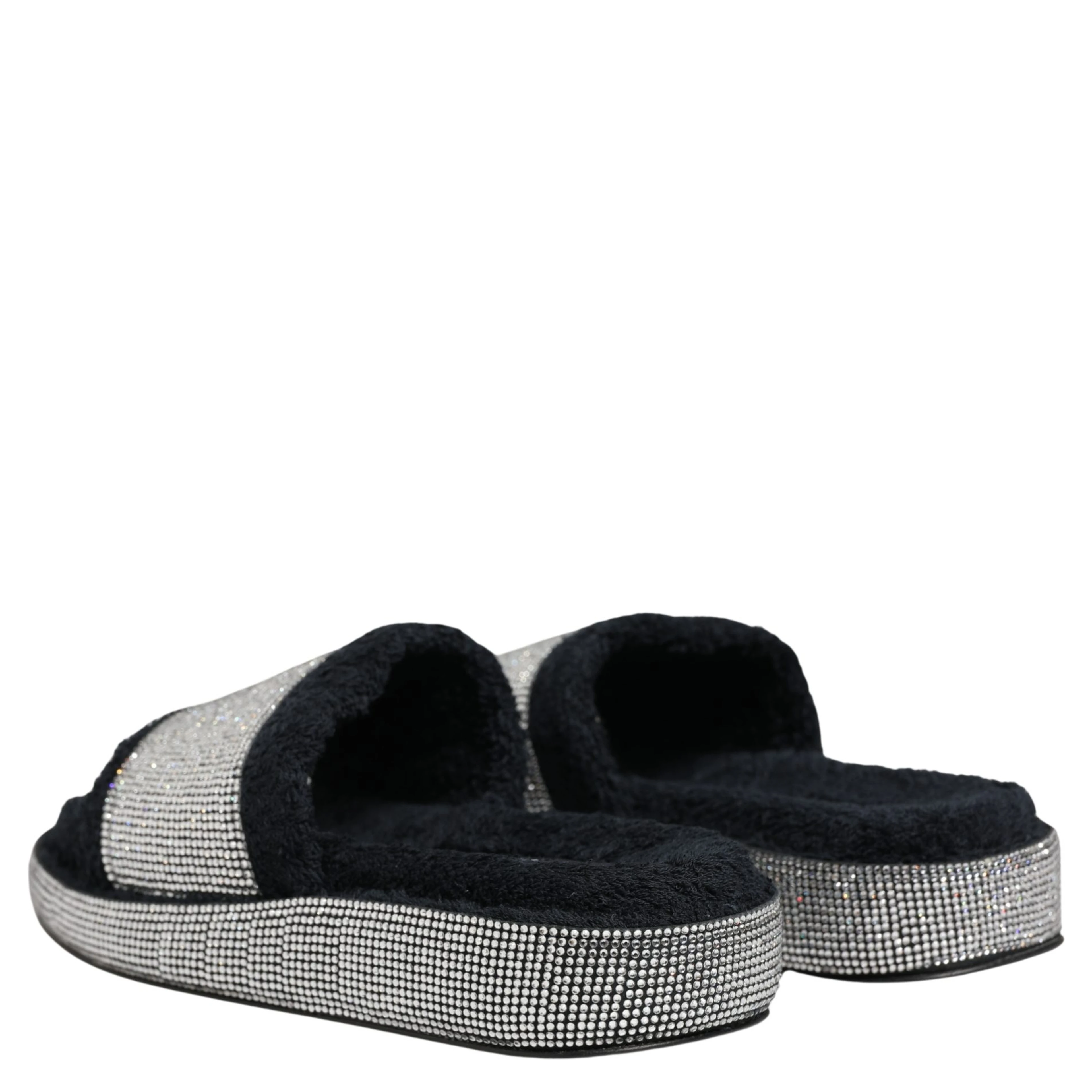 Black Crystal Embellished Platform Slides Shoes