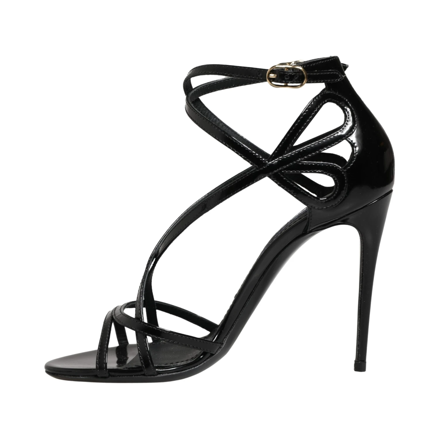 Black Leather Stiletto Heel Sandals Shoes