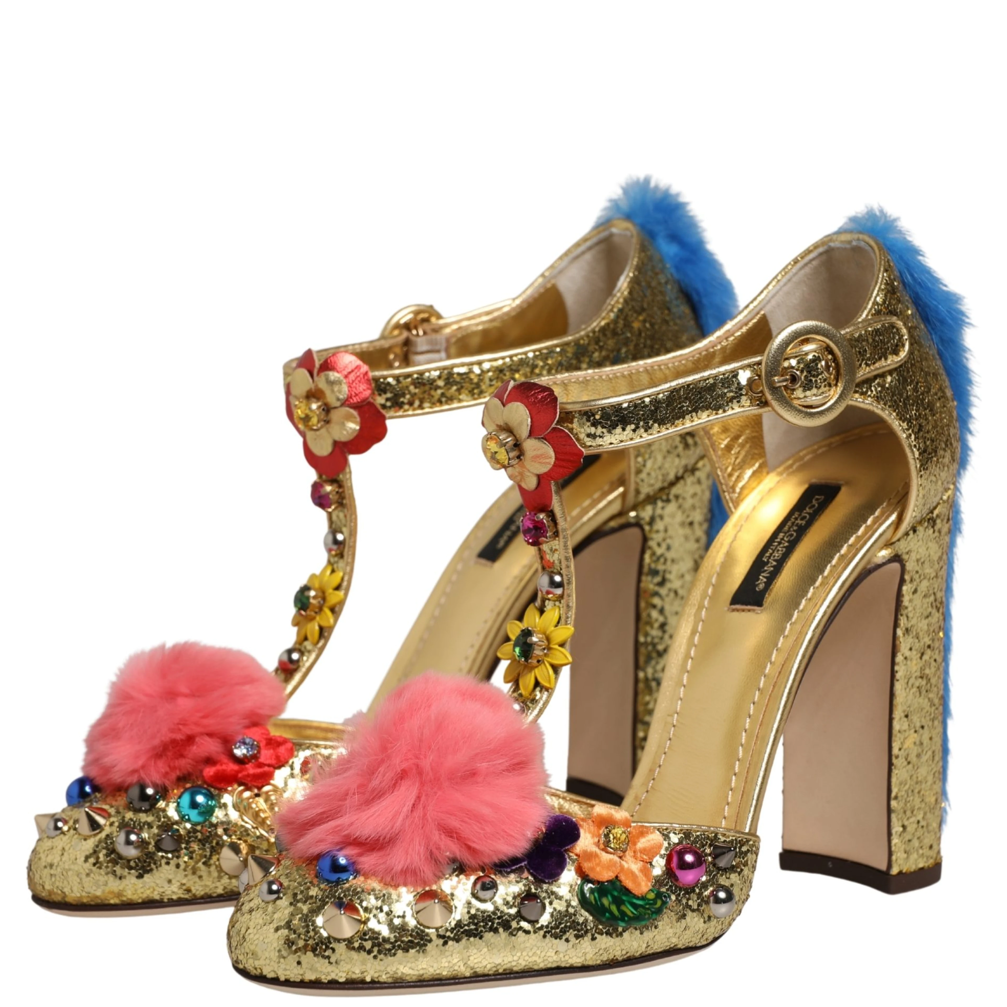 Gold Fur Trim Glitter T-strap Sandals Shoes