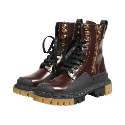 Maroon Leather Lace Up Biker Boots Shoes