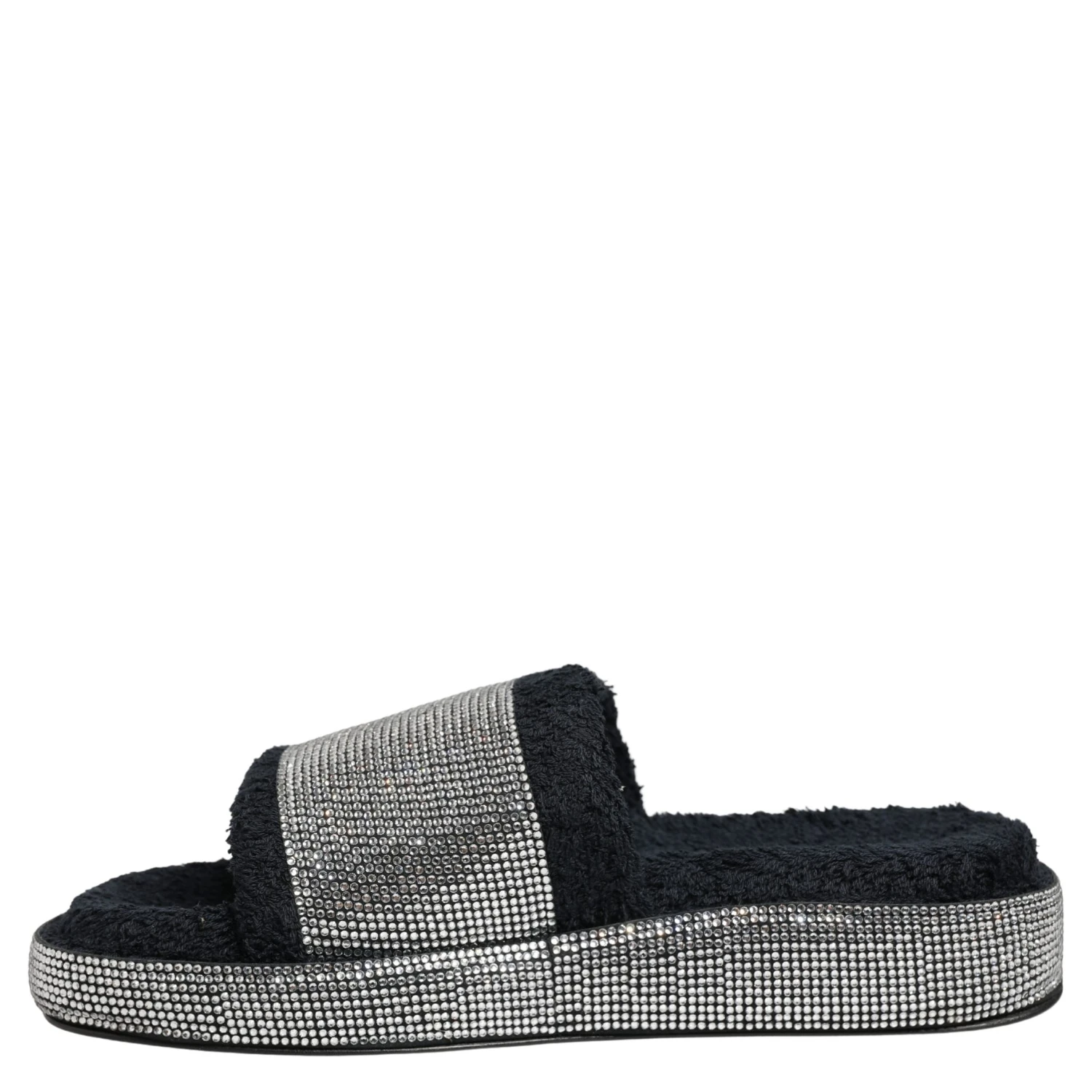 Black Crystal Embellished Platform Slides Shoes