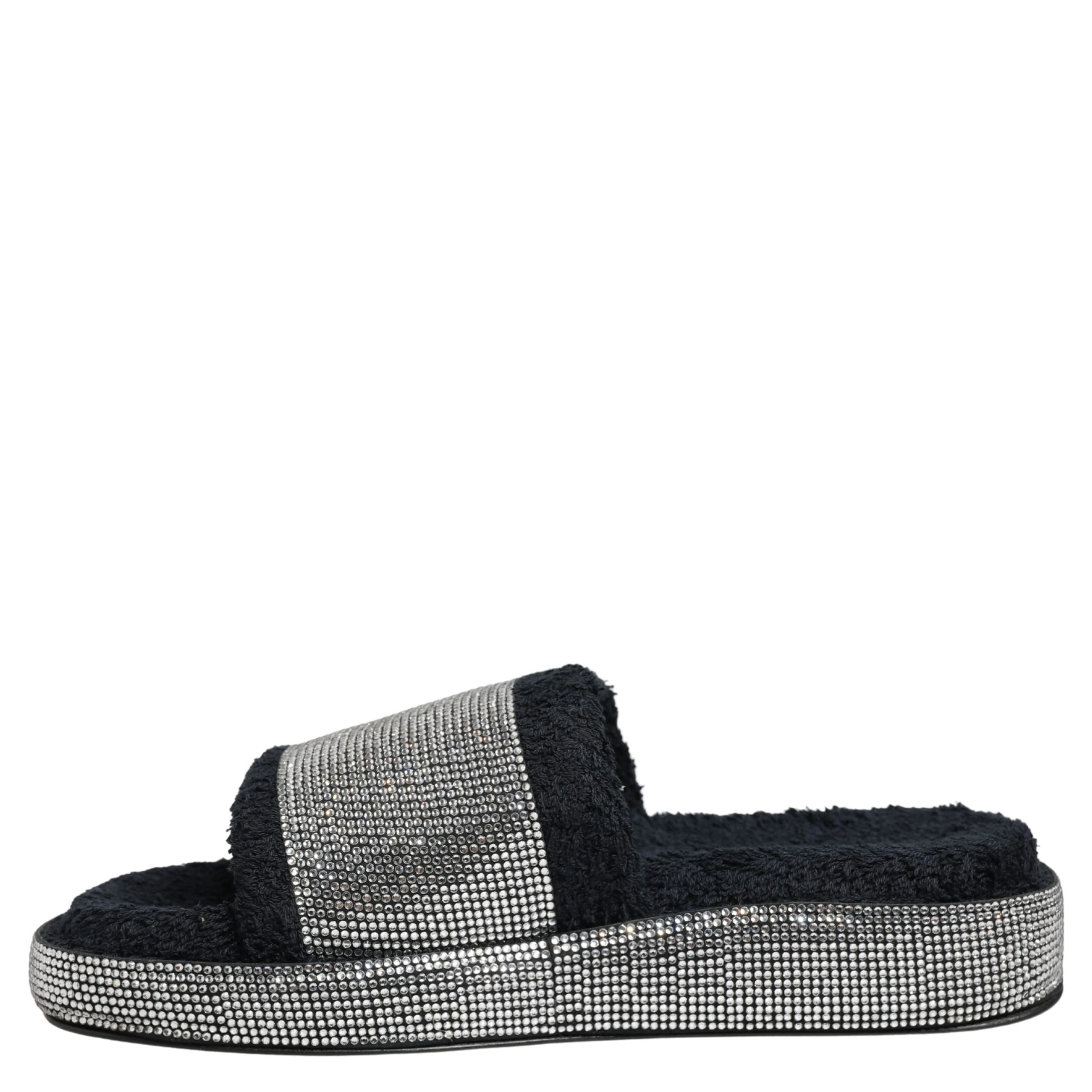 Black Crystal Embellished Platform Slides Shoes