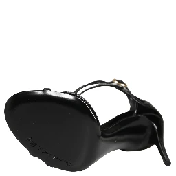 Black Leather Stiletto Heel Sandals Shoes