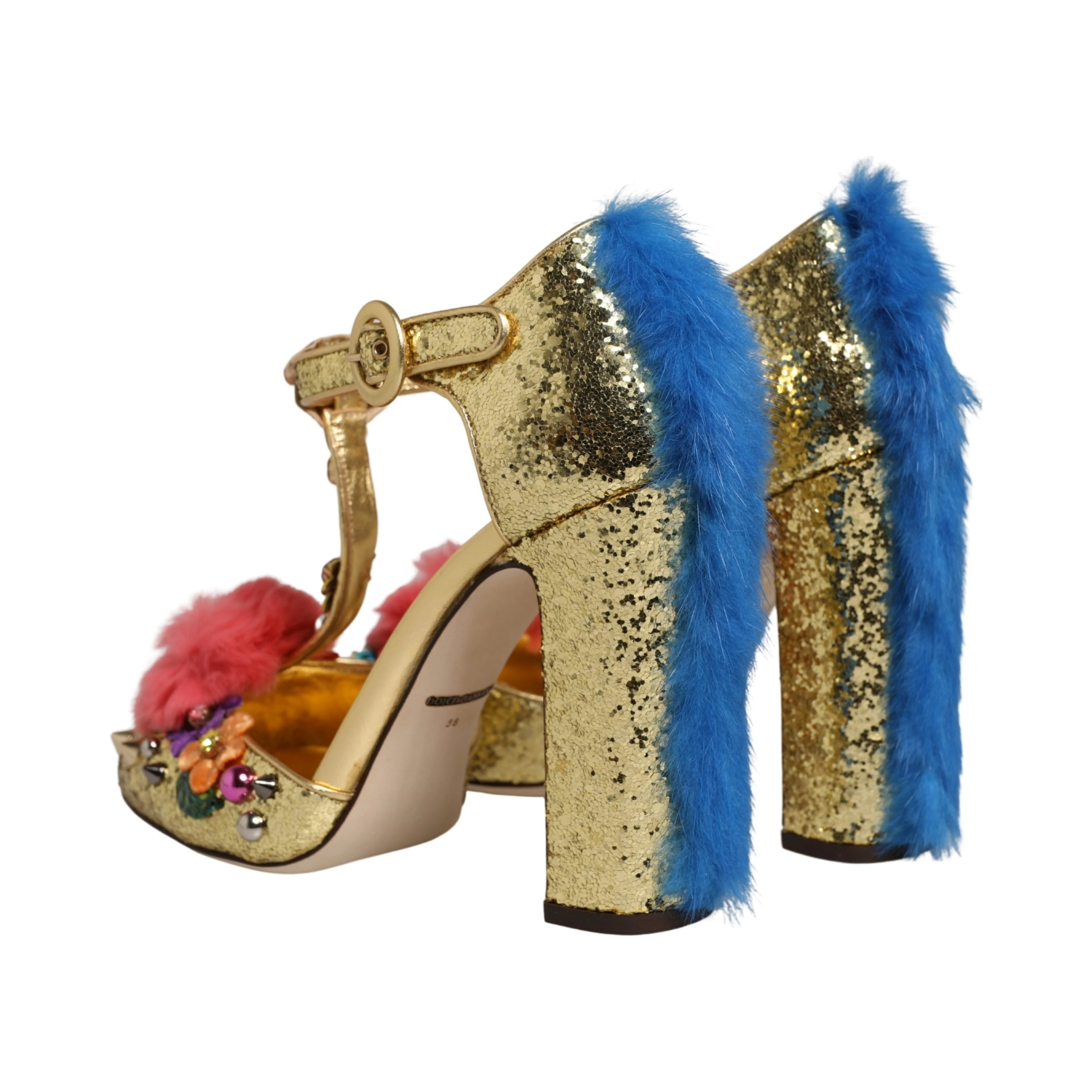 Gold Fur Trim Glitter T-strap Sandals Shoes