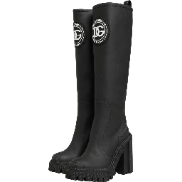 Black Rubberised Leather High Boots Shoes