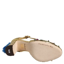 Gold Fur Trim Glitter T-strap Sandals Shoes