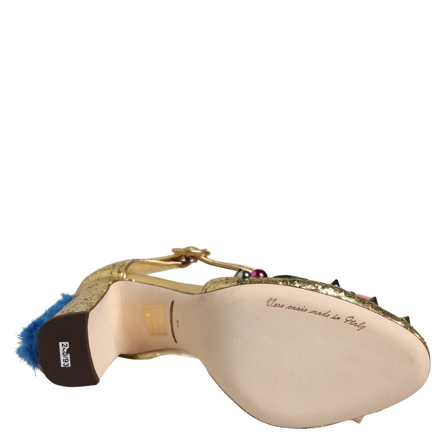 Gold Fur Trim Glitter T-strap Sandals Shoes