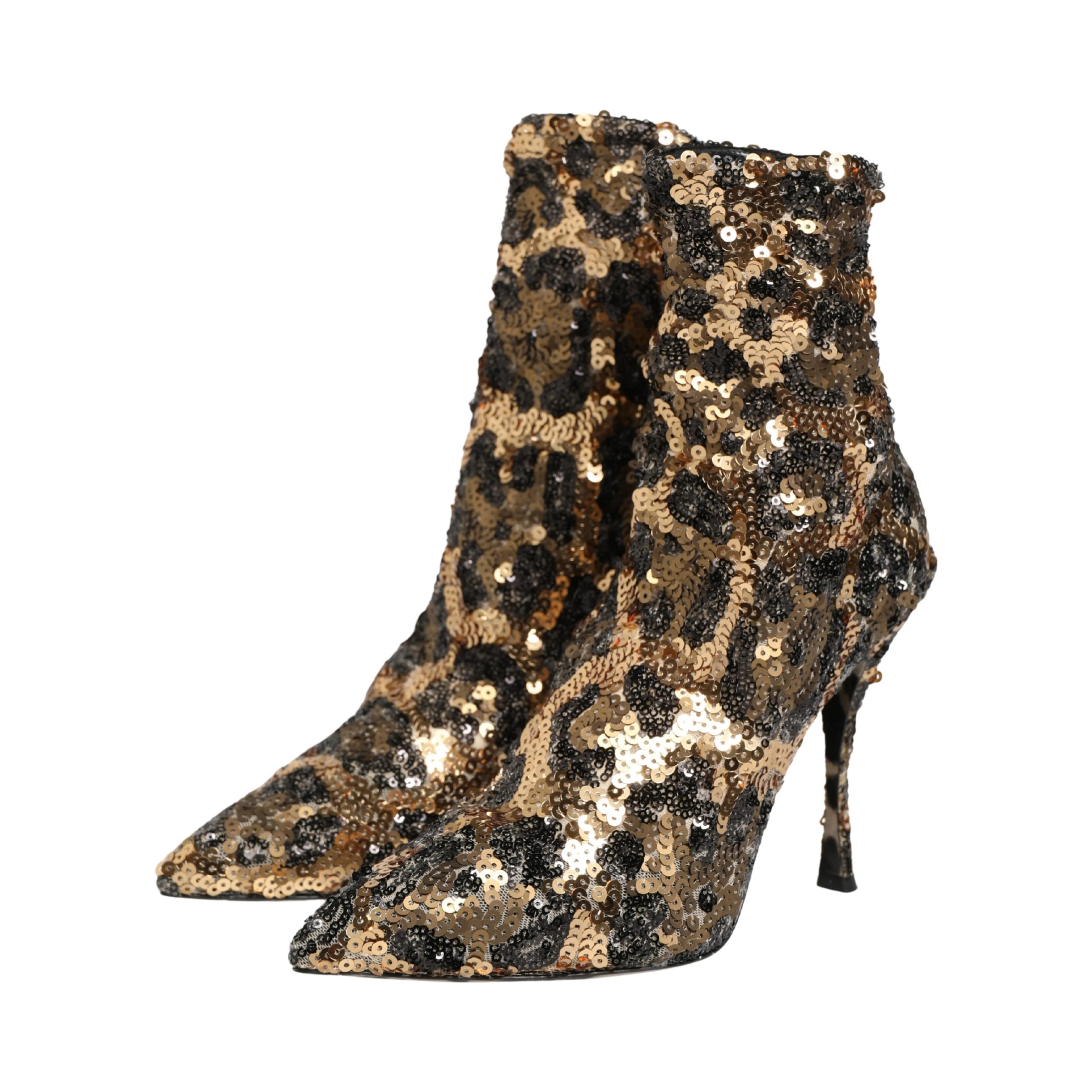 Gold Leopard Sequin Sock Ankle Boots Shoes