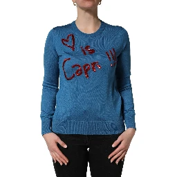 Blue Silk Sequined CrewNeck Pullover Sweater