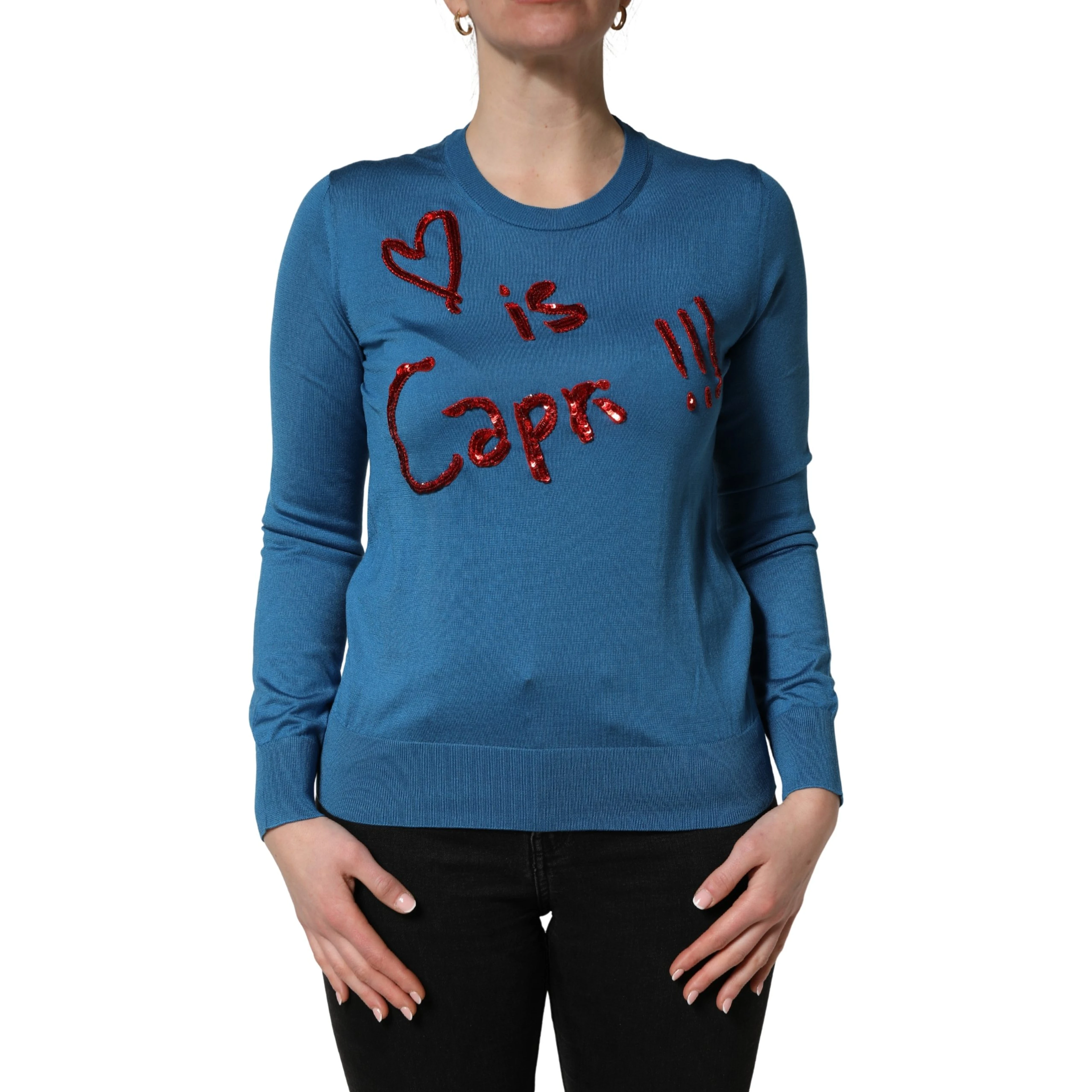 Blue Silk Sequined CrewNeck Pullover Sweater
