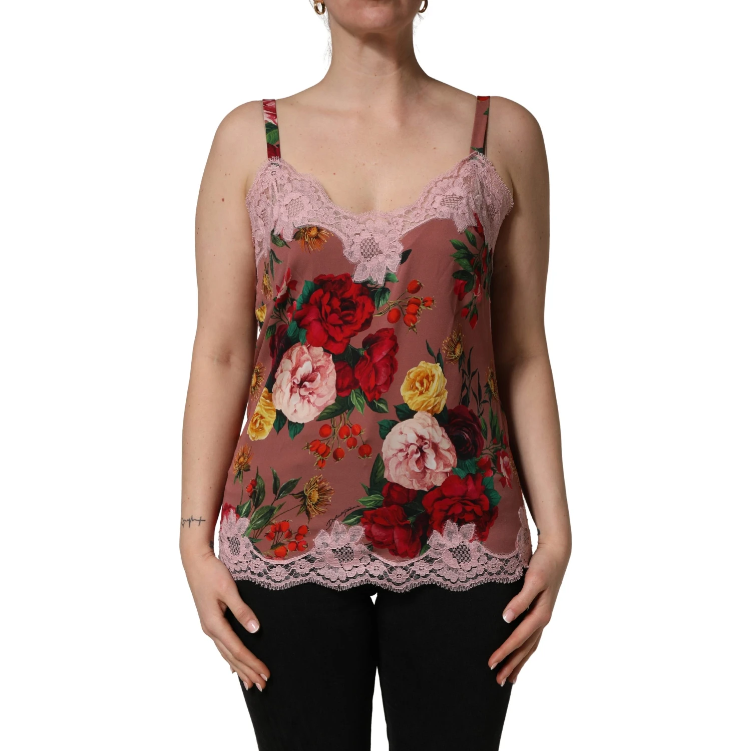 Brown Rose Print Satin Lace Camisole Tank Top