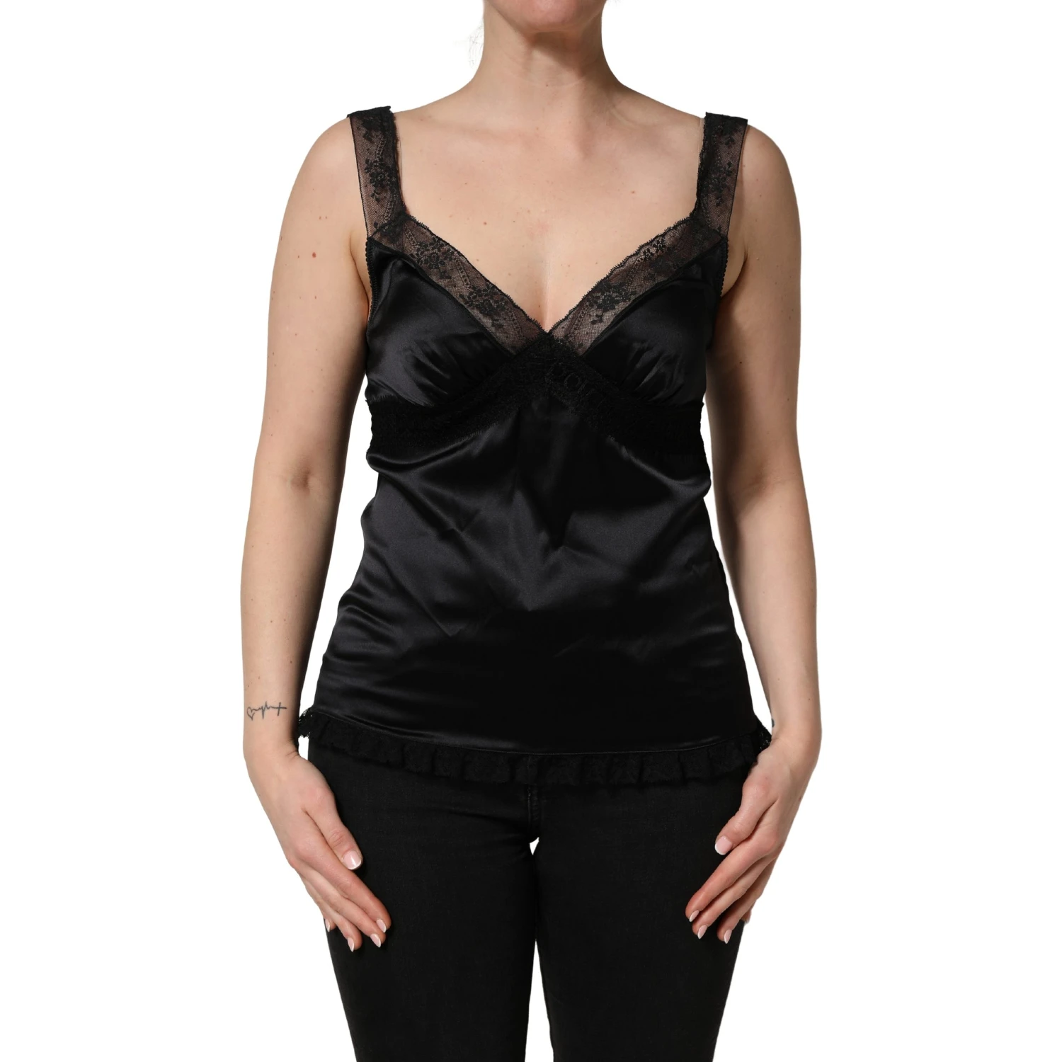Black Silk Lace Trim Camisole V-neckline Tank Top