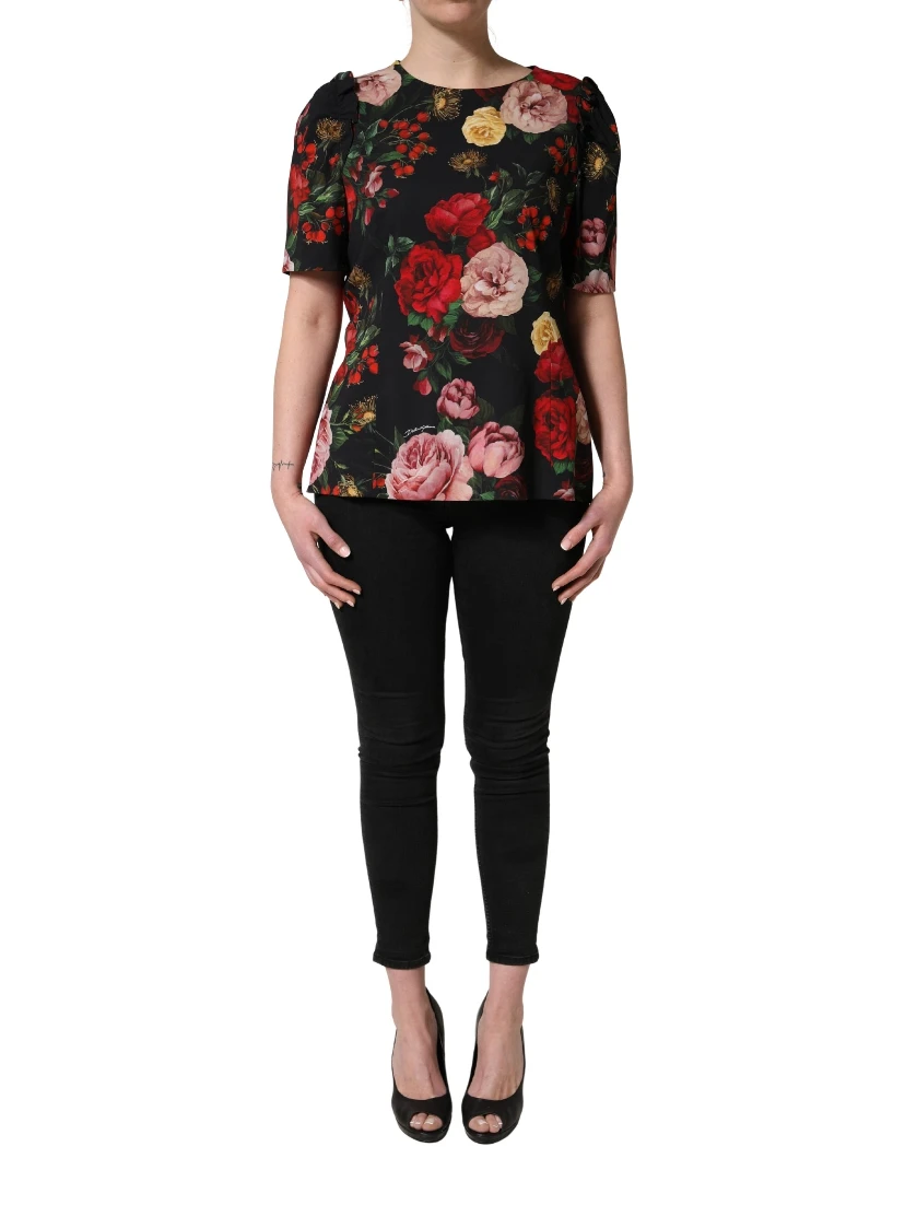 Black Floral Crepe Frill Detail Blouse Top