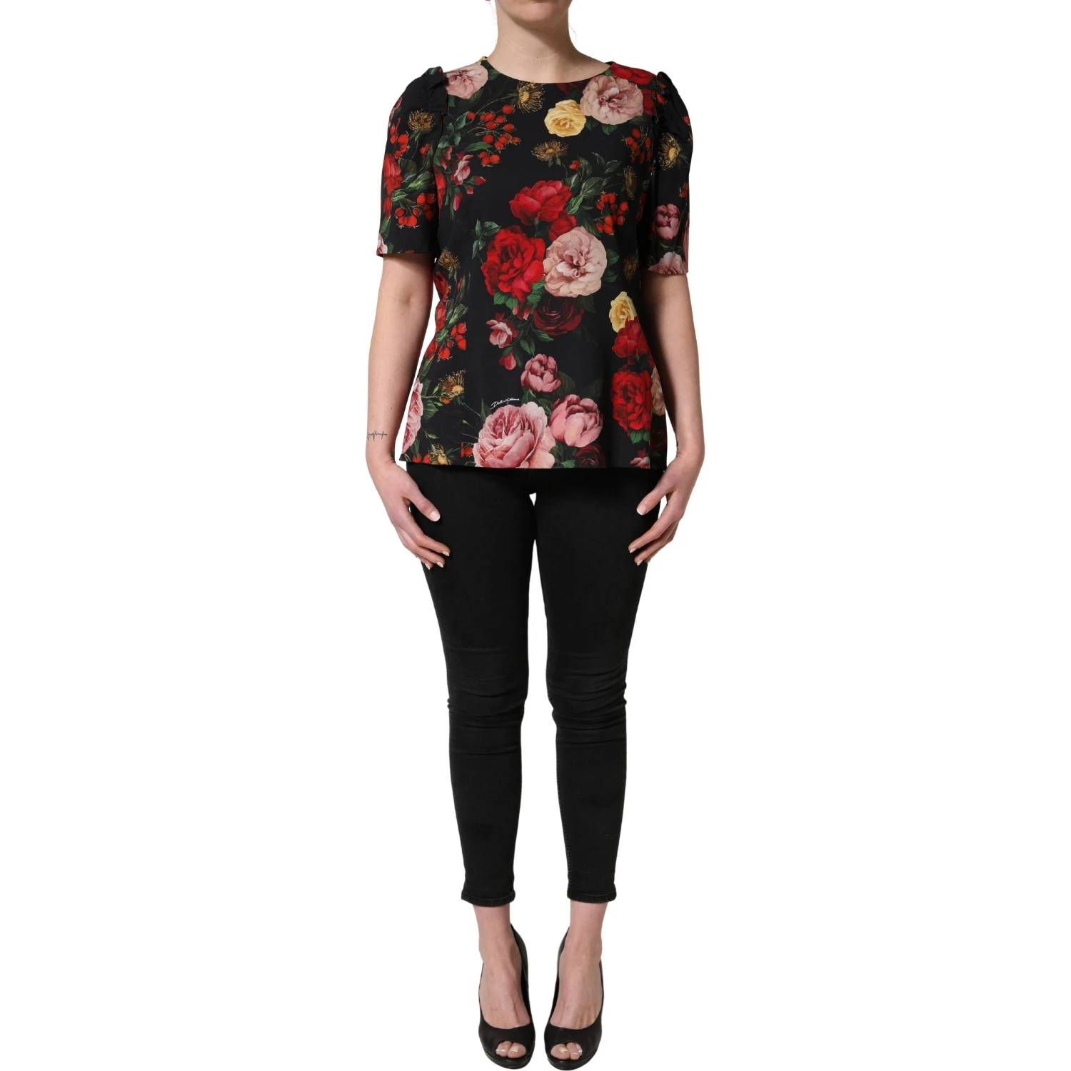 Black Floral Crepe Frill Detail Blouse Top