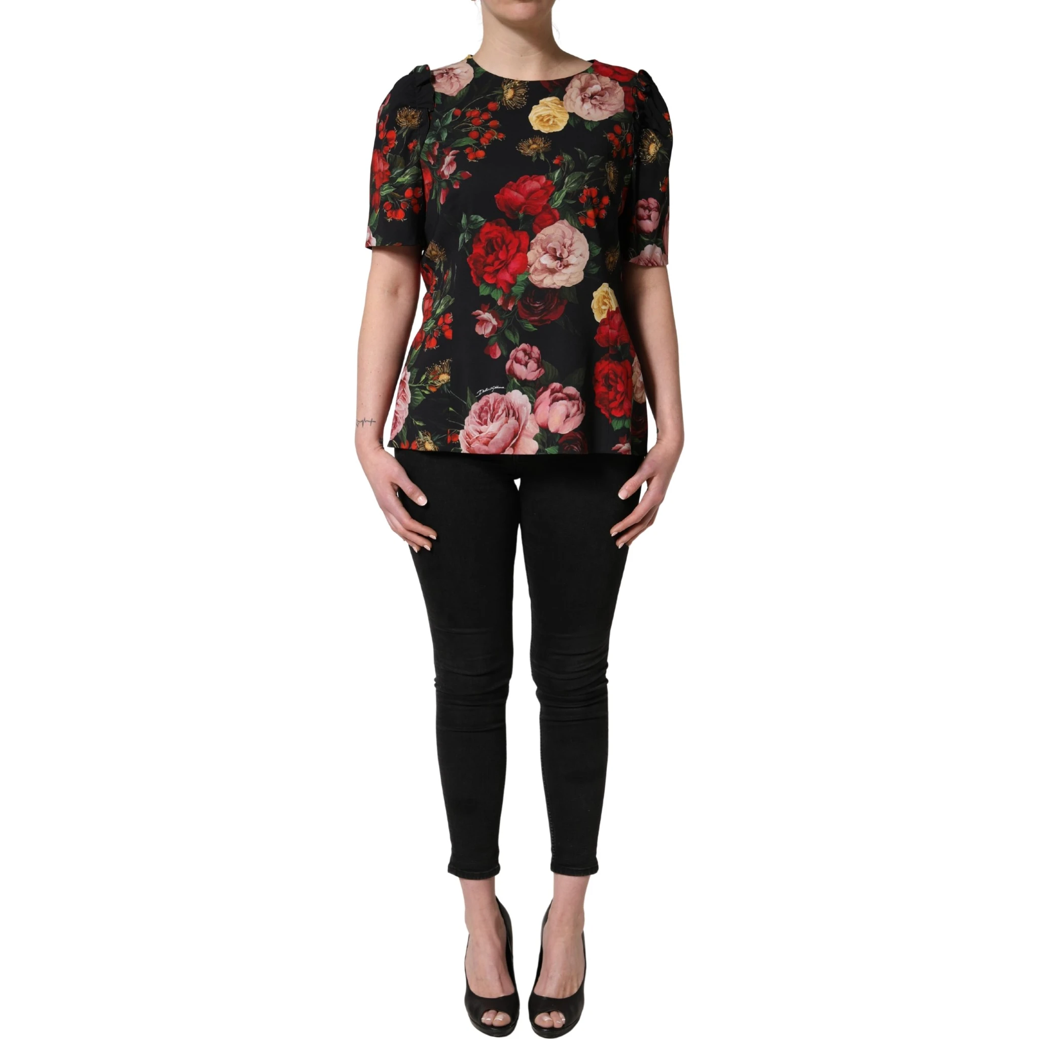 Black Floral Crepe Frill Detail Blouse Top