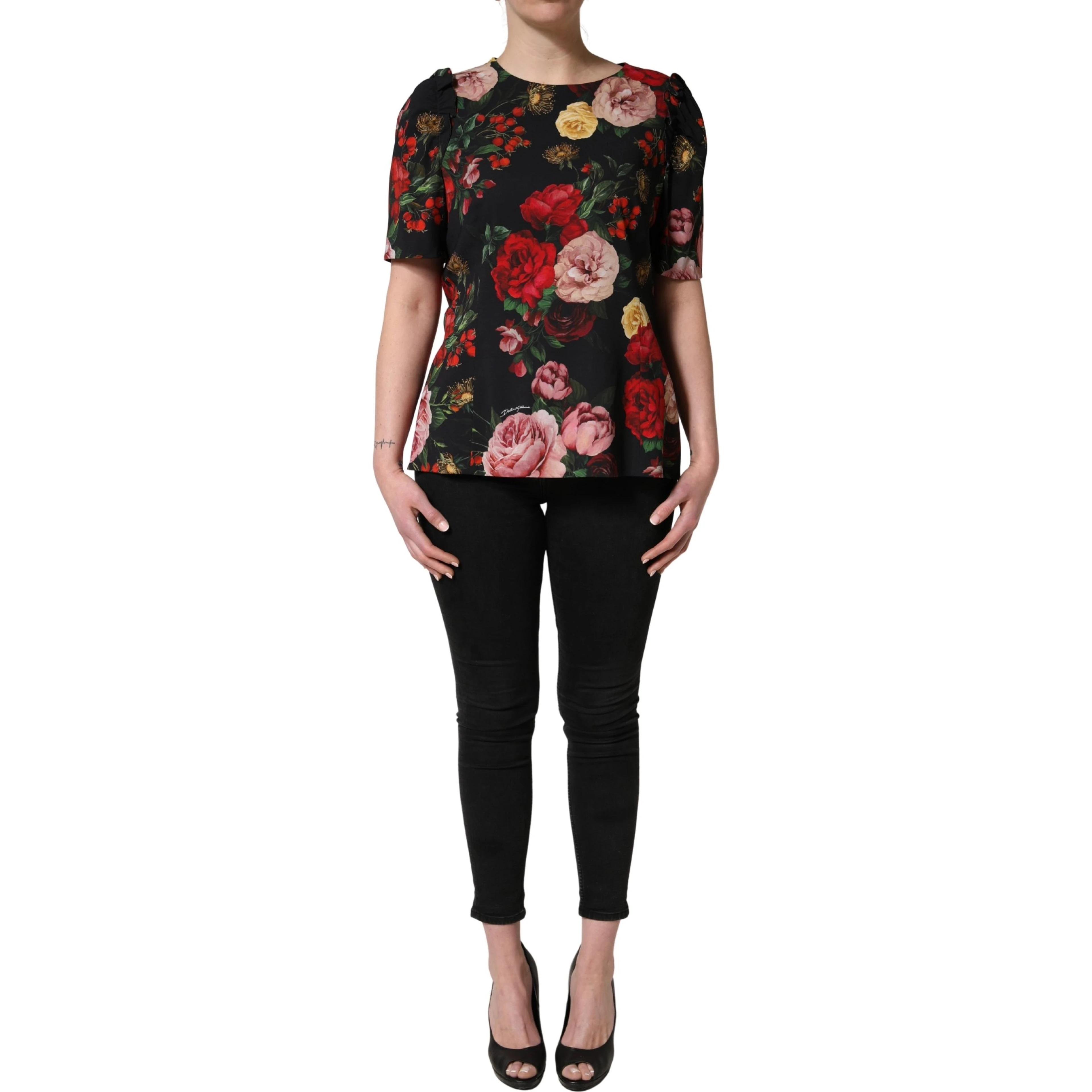 Black Floral Crepe Frill Detail Blouse Top