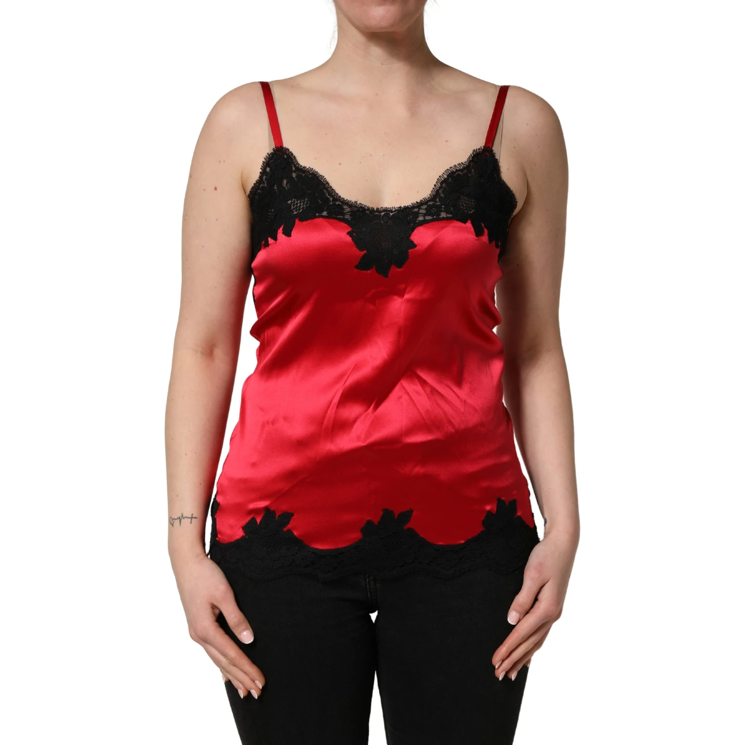 Red Silk Lace Trim Camisole Sleeveless Tank Top