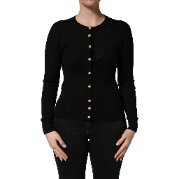 Black Wool Knitted Button Front Cardigan Sweater