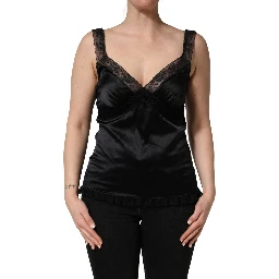 Black Silk Lace Trim Camisole V-neckline Tank Top