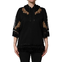 Black Embroidered Tassel Hooded Sweatshirt Sweater