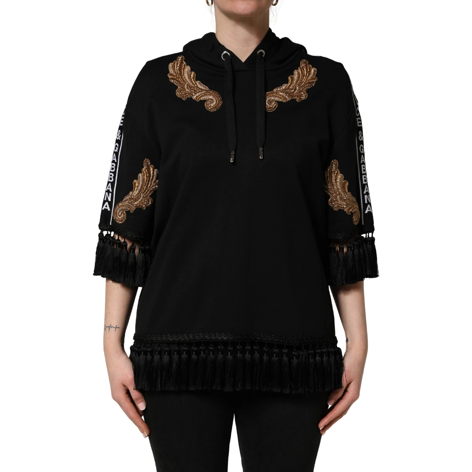 Black Embroidered Tassel Hooded Sweatshirt Sweater