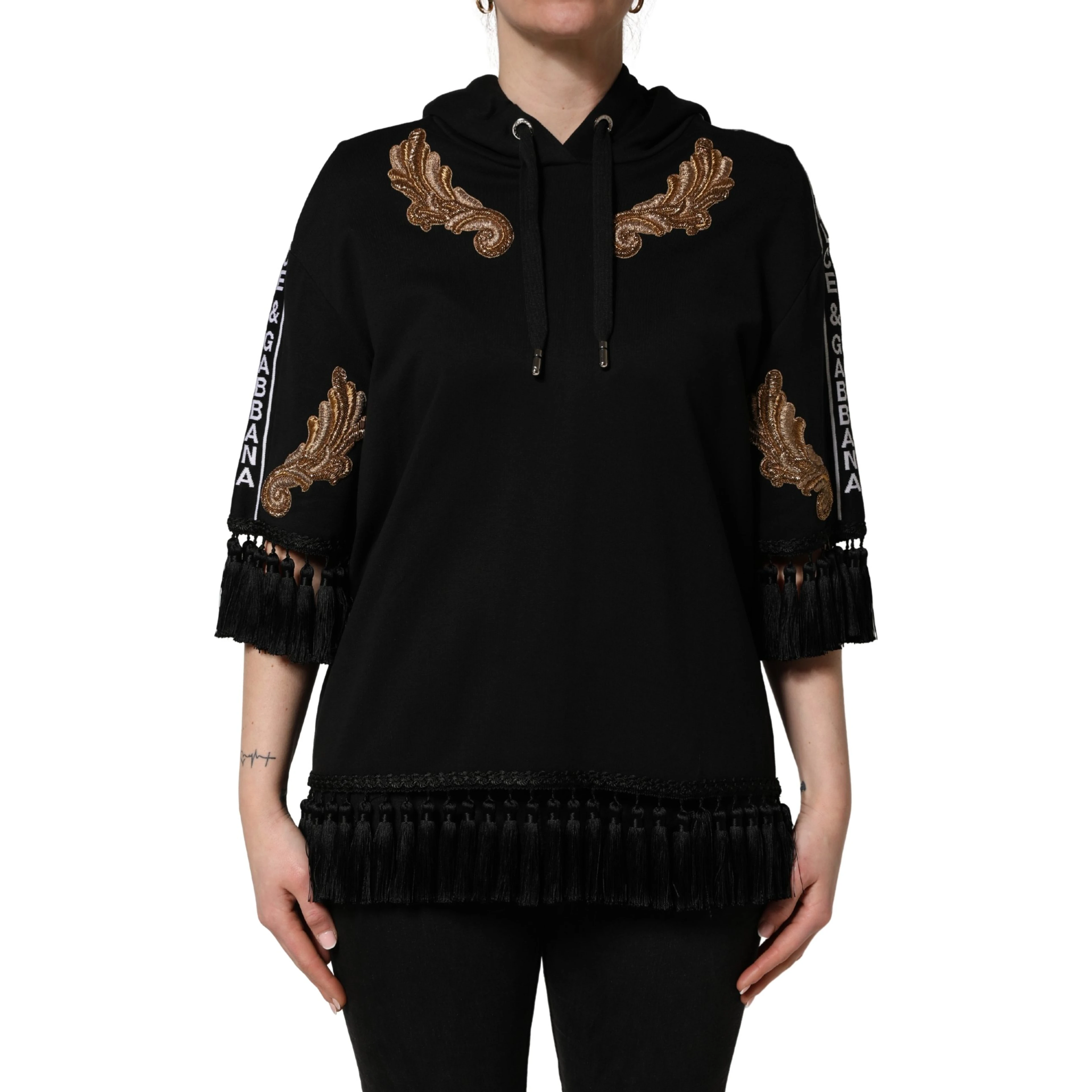 Black Embroidered Tassel Hooded Sweatshirt Sweater