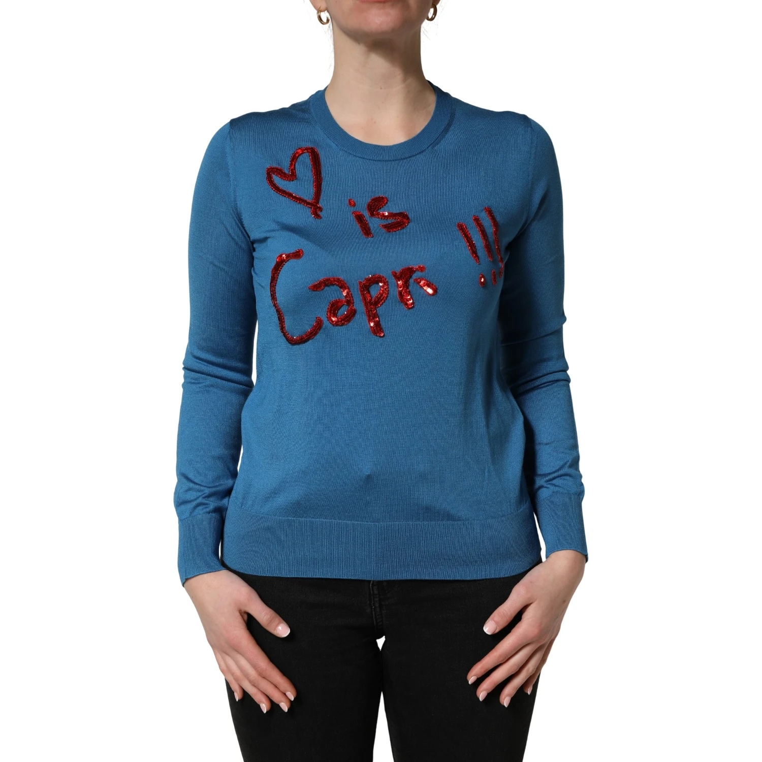 Blue Silk Sequined CrewNeck Pullover Sweater