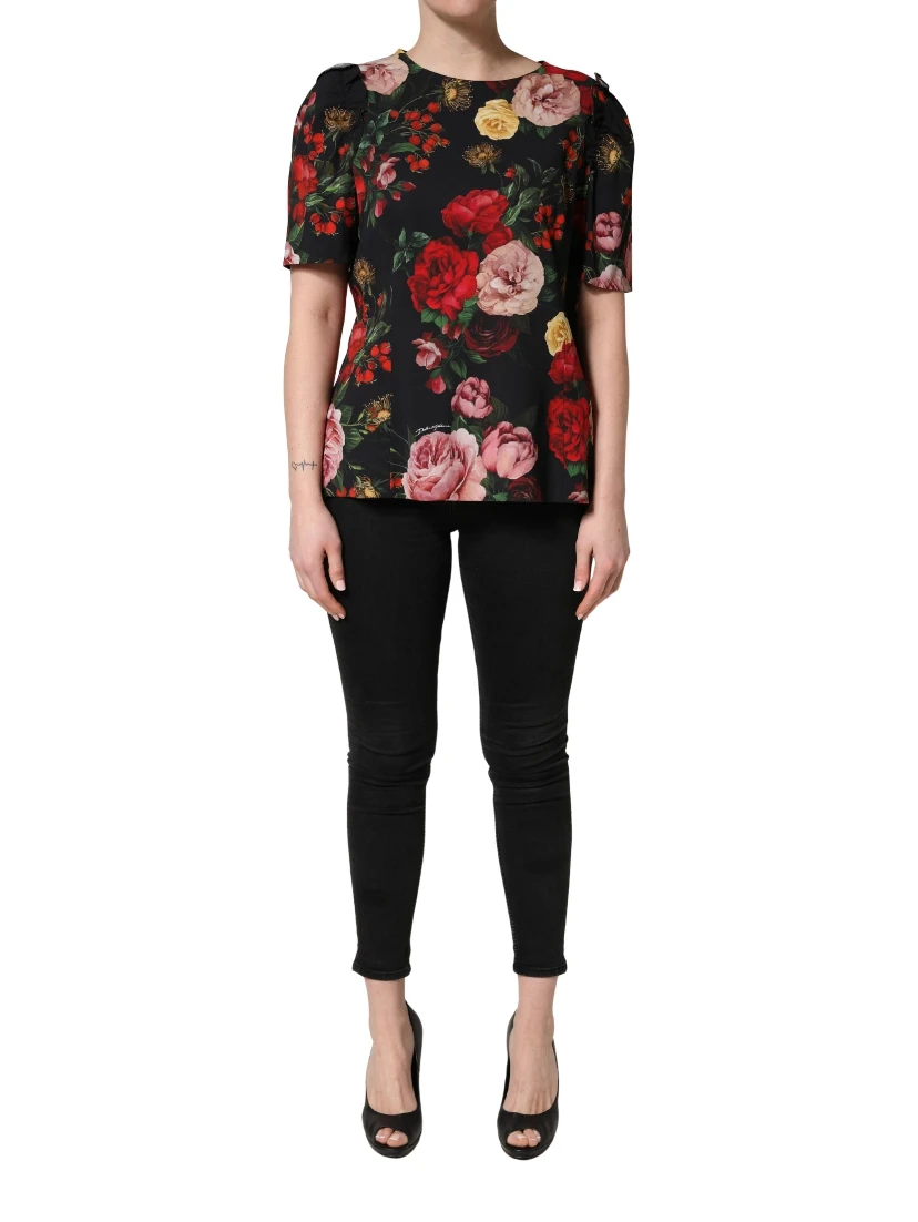 Black Floral Crepe Frill Detail Blouse Top