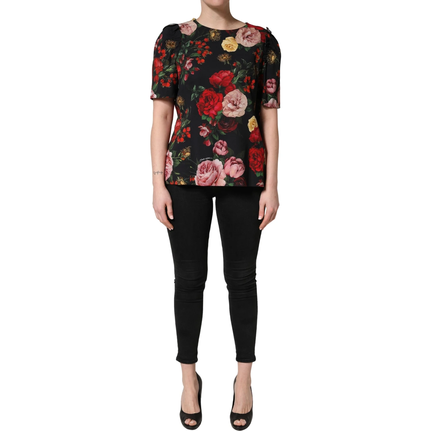 Black Floral Crepe Frill Detail Blouse Top