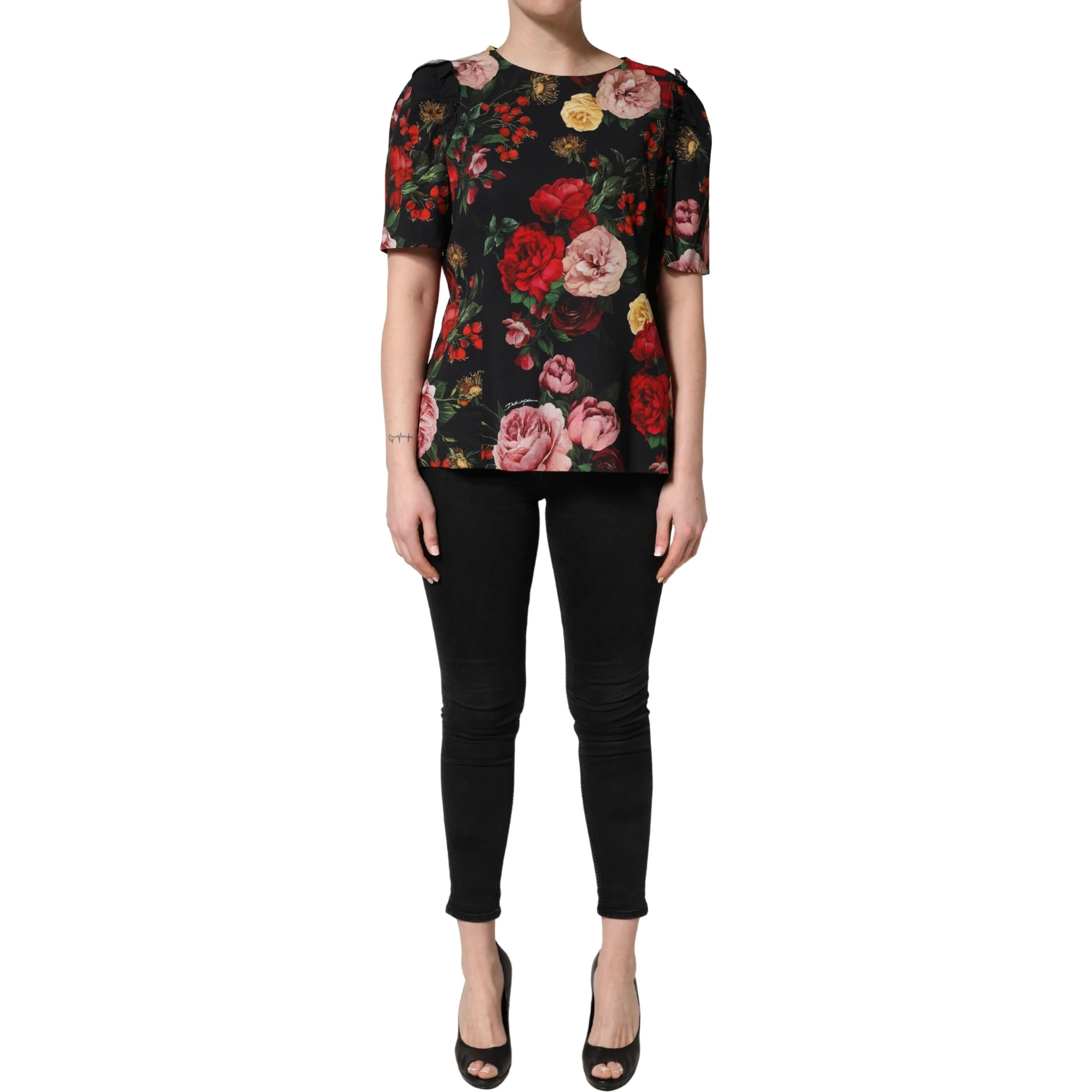 Black Floral Crepe Frill Detail Blouse Top