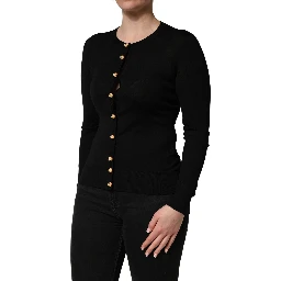 Black Wool Knitted Button Front Cardigan Sweater