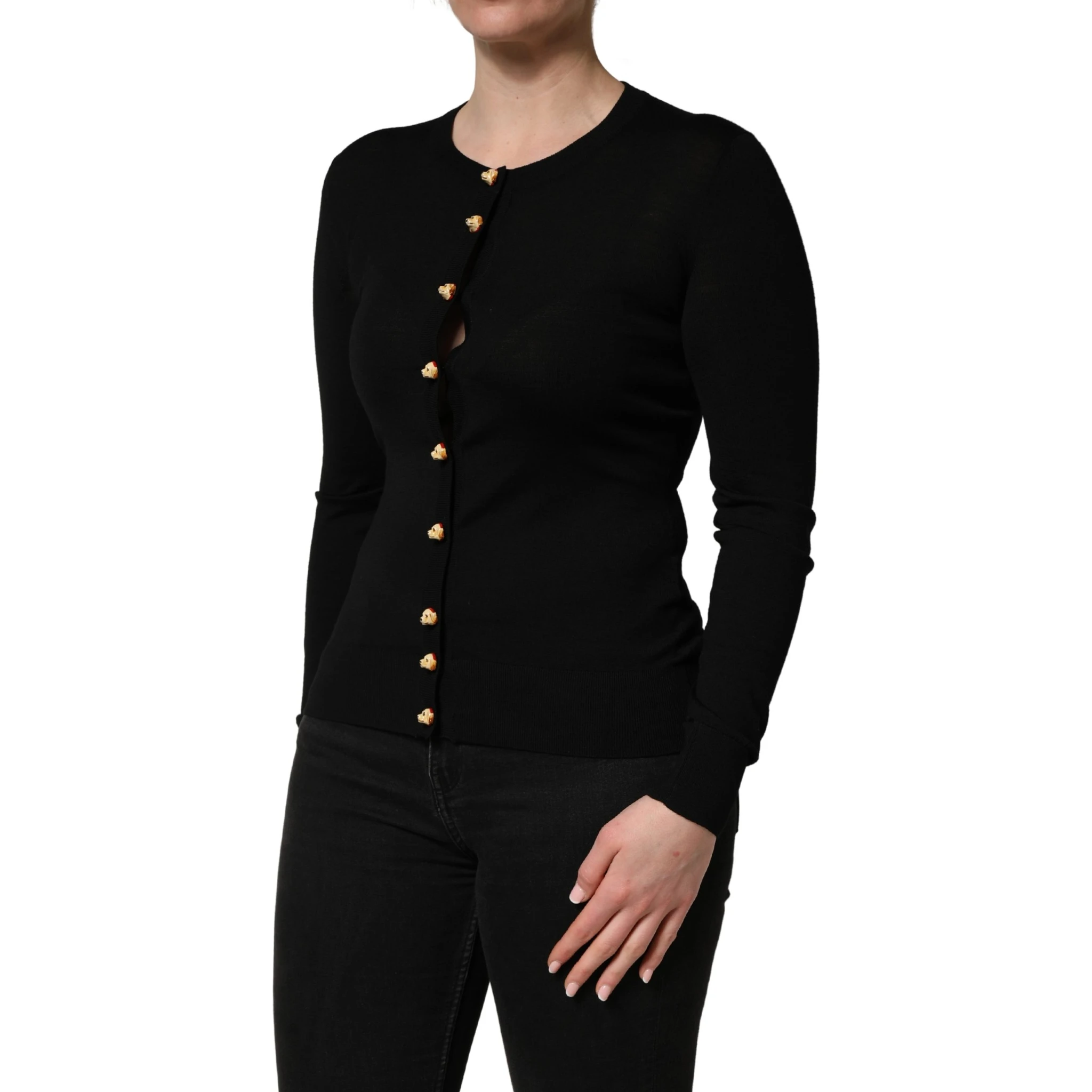 Black Wool Knitted Button Front Cardigan Sweater