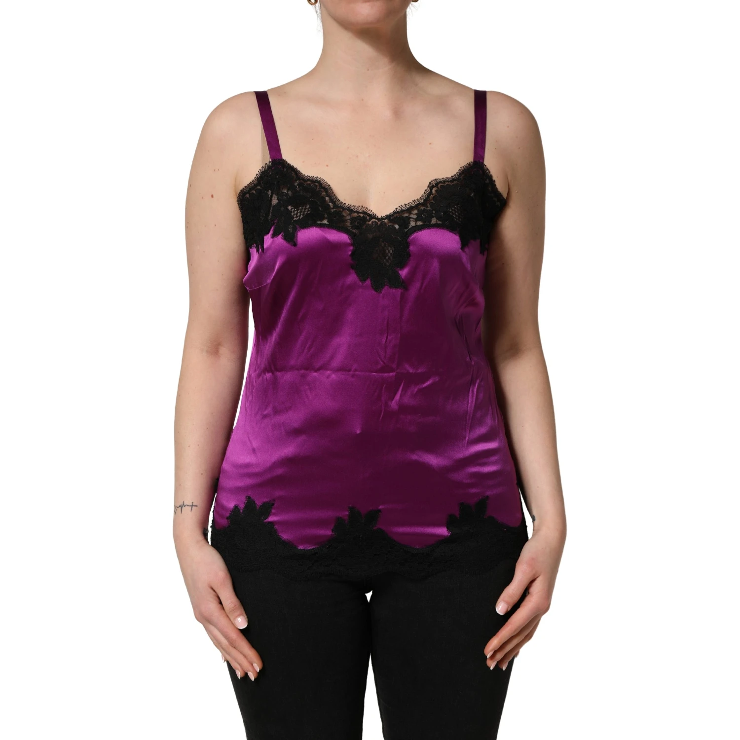 Purple Silk Lace Trim Camisole Sleeveless Tank Top