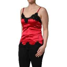 Red Silk Lace Trim Camisole Sleeveless Tank Top