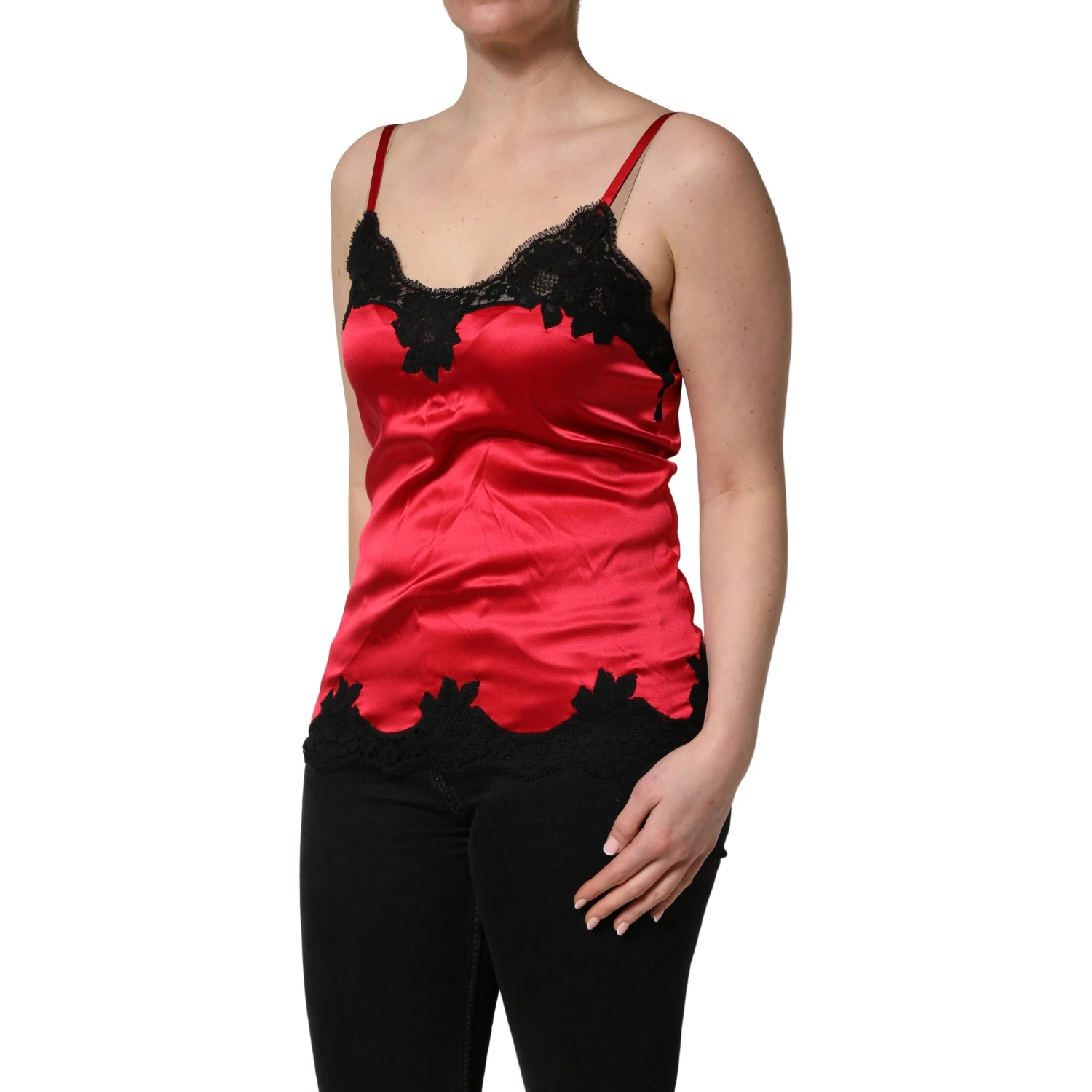Red Silk Lace Trim Camisole Sleeveless Tank Top