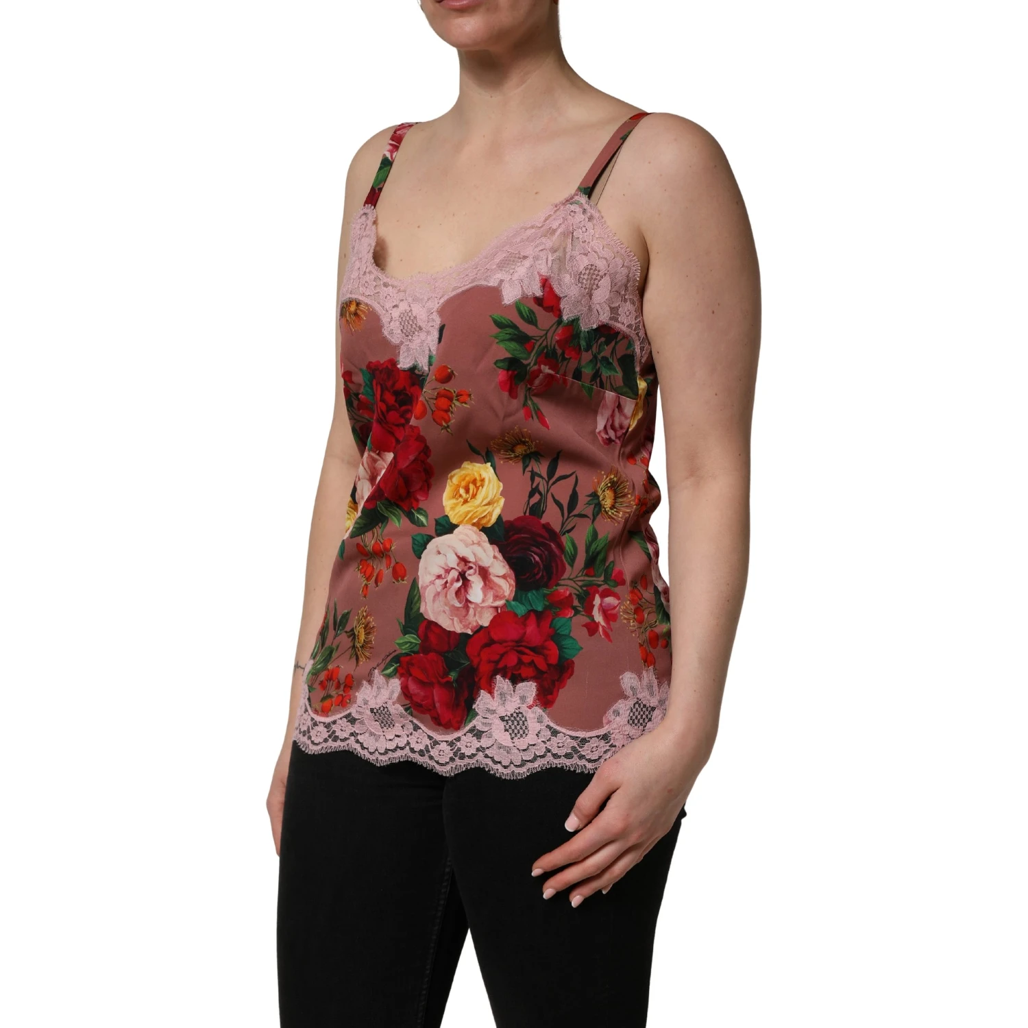 Brown Rose Print Satin Lace Camisole Tank Top