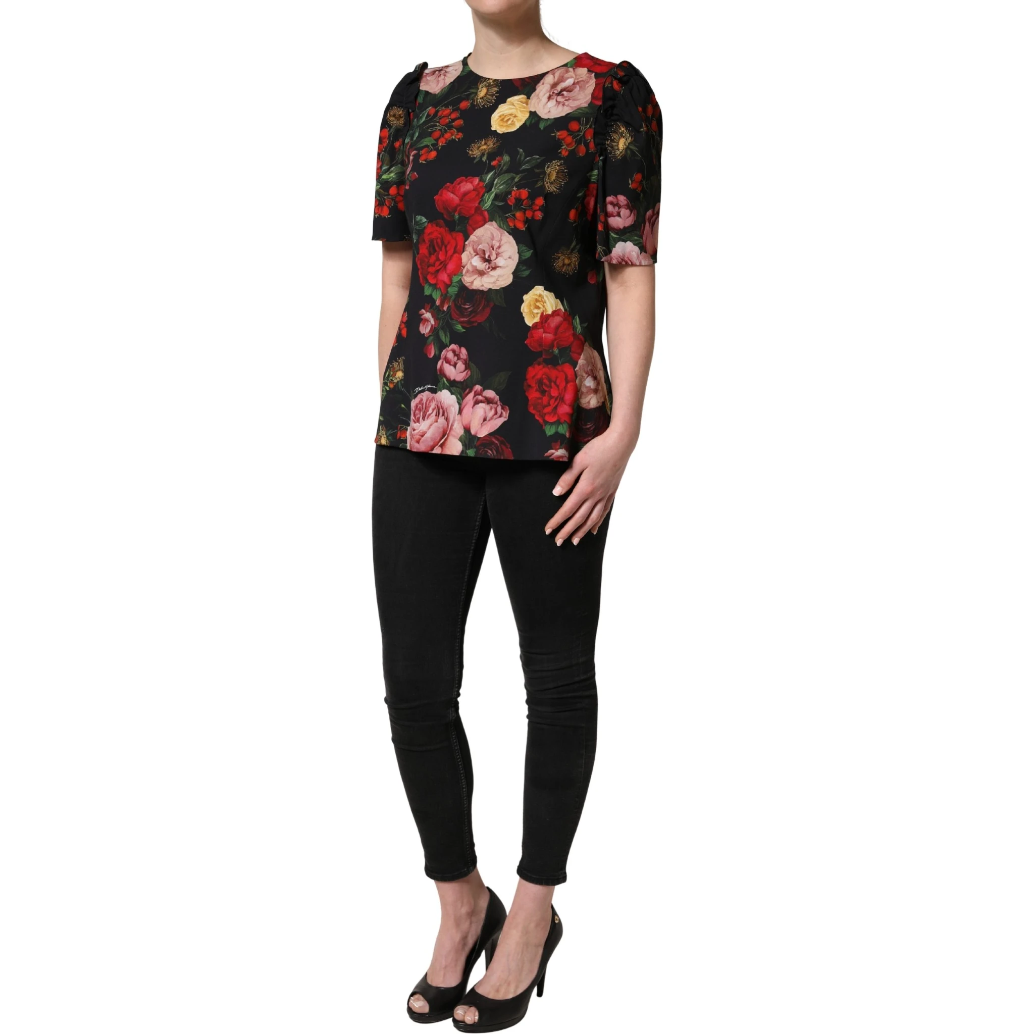 Black Floral Crepe Frill Detail Blouse Top