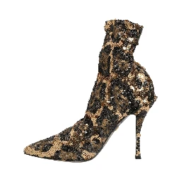 Gold Leopard Sequin Sock Ankle Boots Shoes