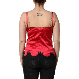 Red Silk Lace Trim Camisole Sleeveless Tank Top