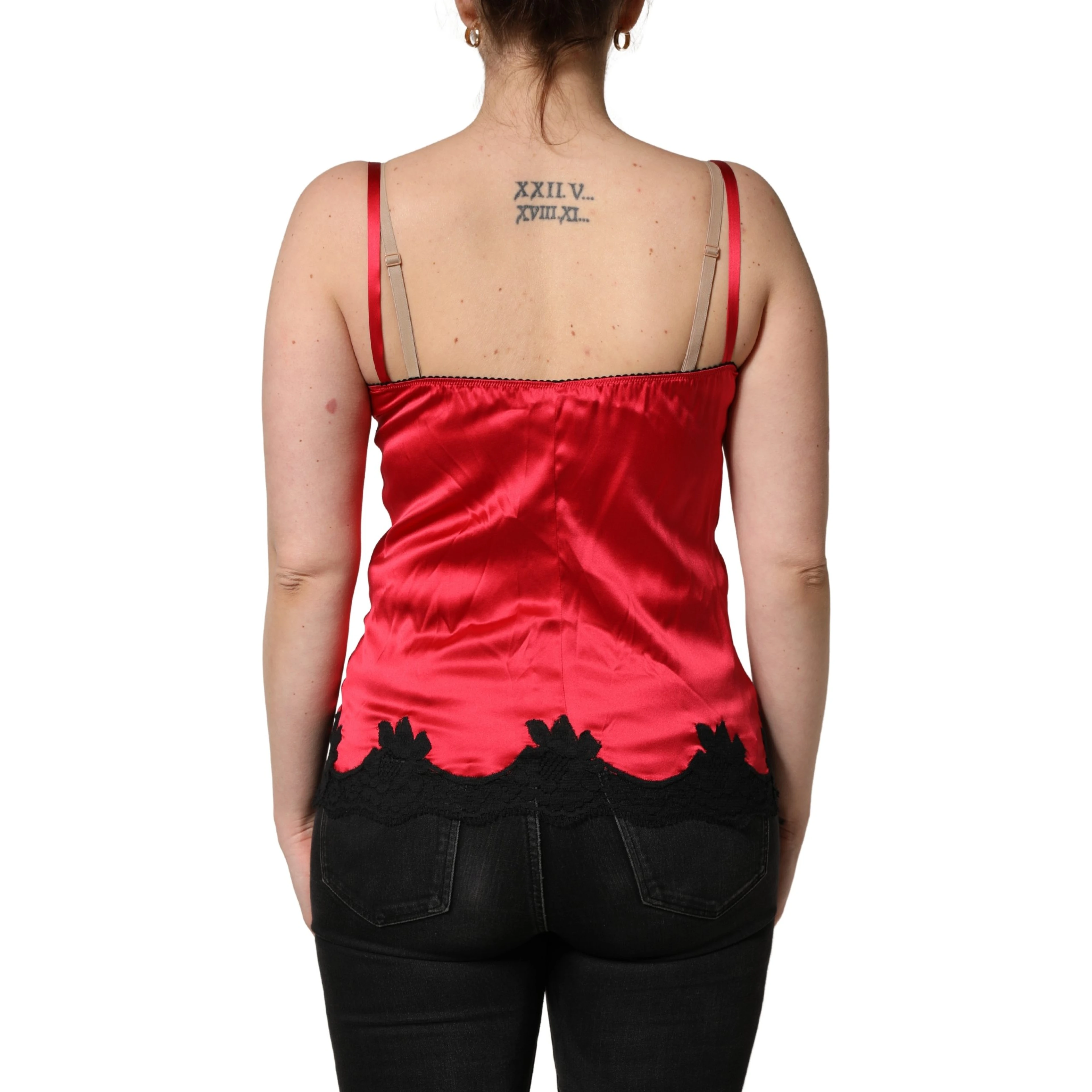 Red Silk Lace Trim Camisole Sleeveless Tank Top