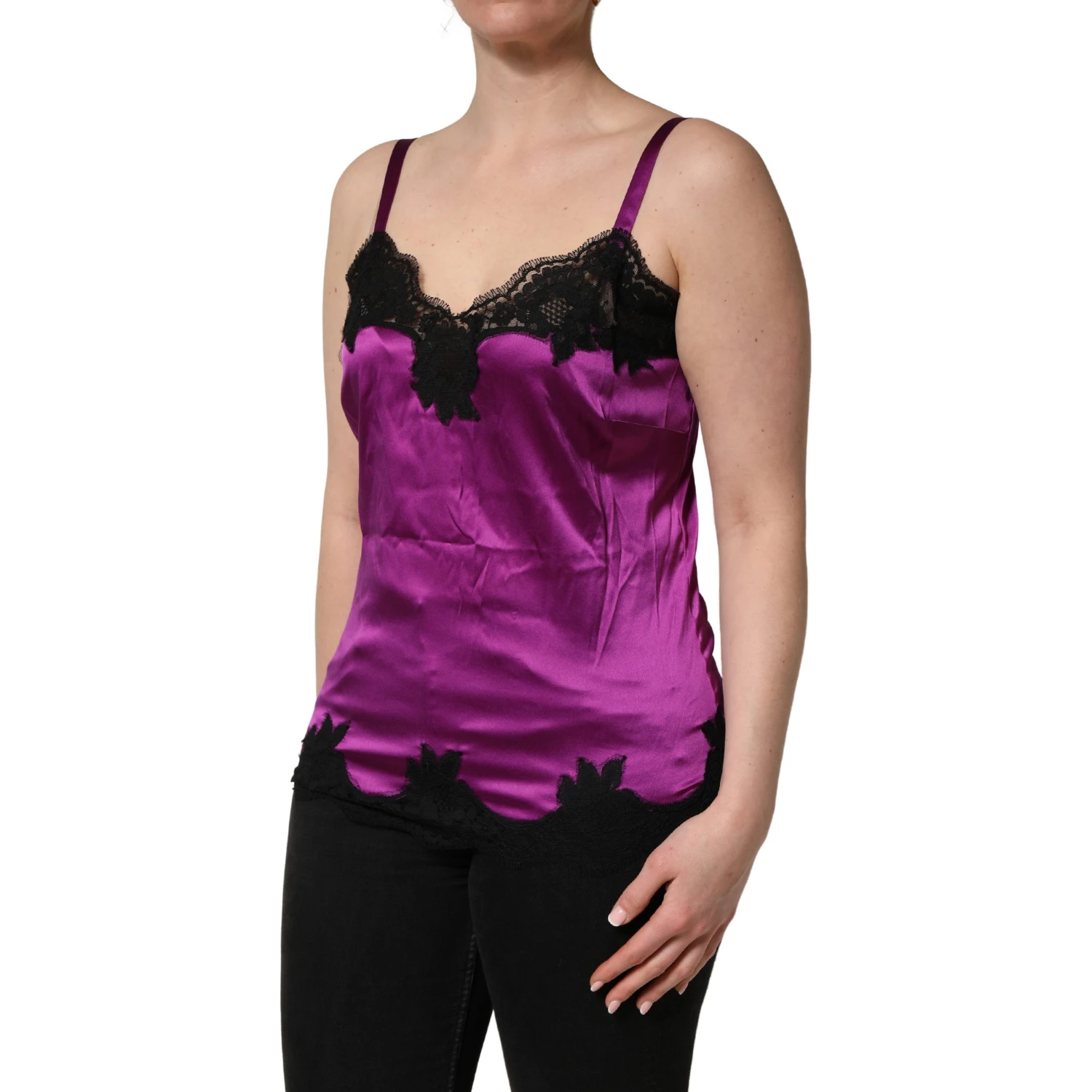 Purple Silk Lace Trim Camisole Sleeveless Tank Top