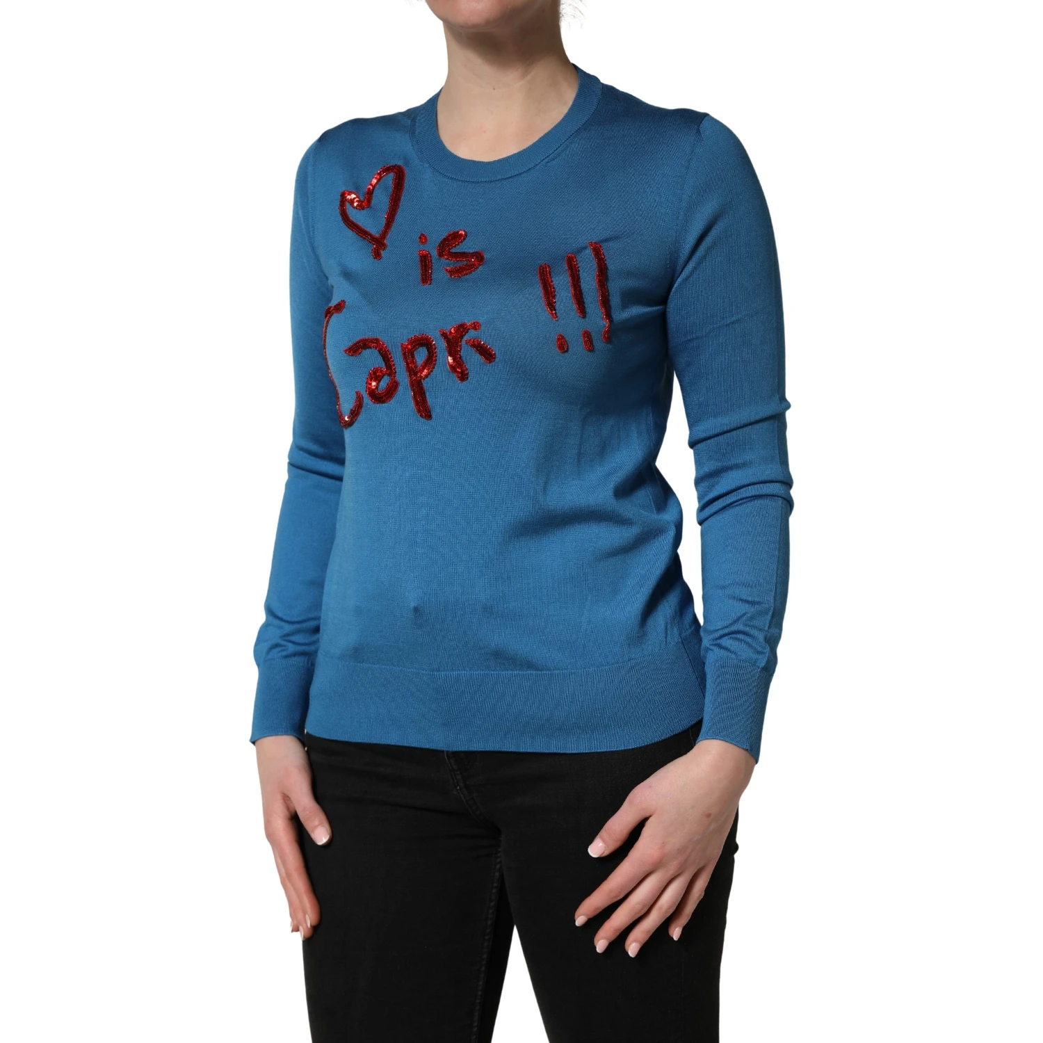 Blue Silk Sequined CrewNeck Pullover Sweater