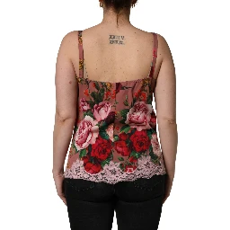 Brown Rose Print Satin Lace Camisole Tank Top