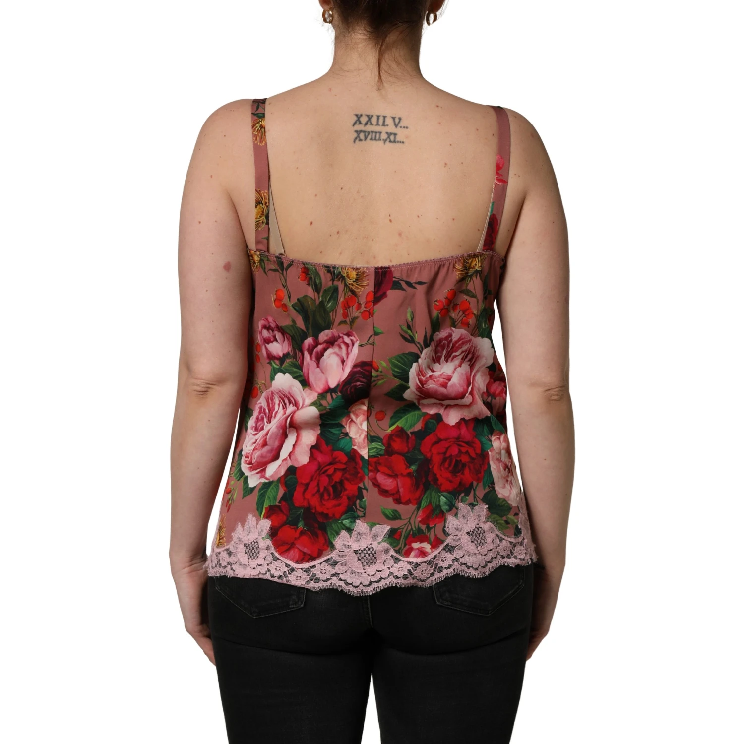 Brown Rose Print Satin Lace Camisole Tank Top