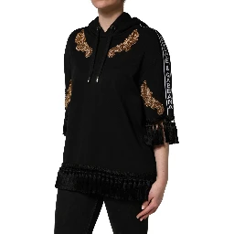 Black Embroidered Tassel Hooded Sweatshirt Sweater